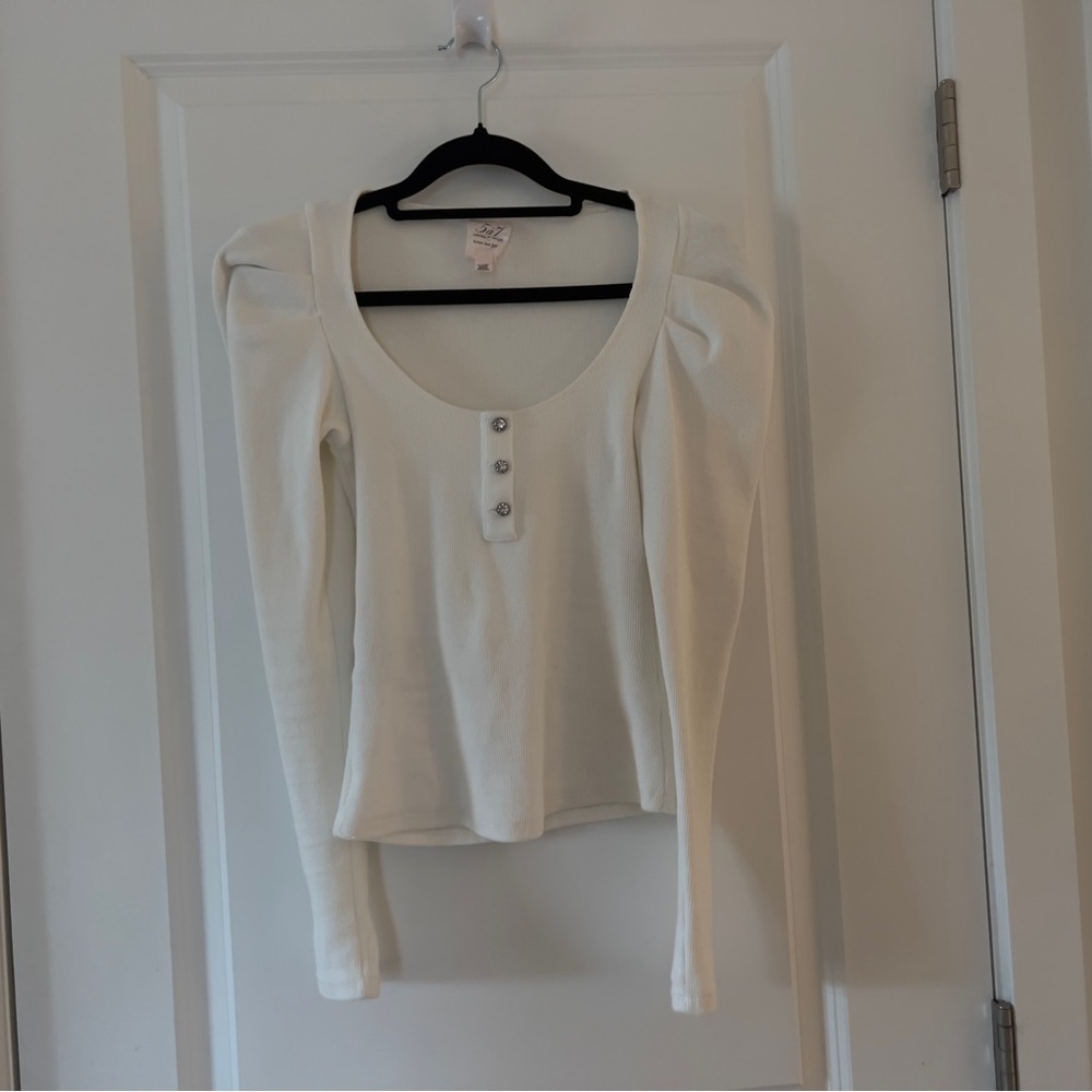 Cinq à Sept Puff Sleeve Scoop Neck Ribbed Henley